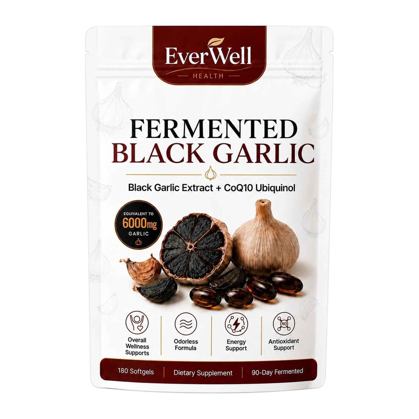 Everwell Fermented Black Garlic 180 Ct, Odorless Vegan Non-GMO Supplement 1-5x