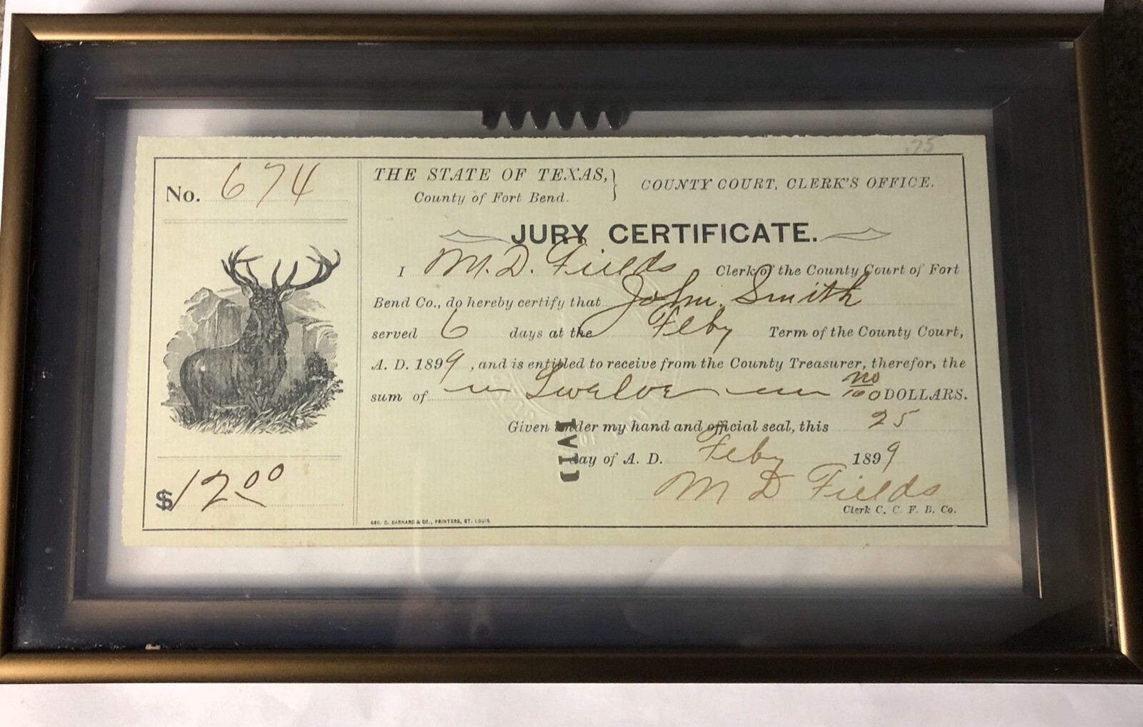 ANTIQUE 1899 STATE OF TEXAS COUNTY OF FORT BEND JURY CERTIFICATE CHECK JURY DUTY ANTIQUE 1899 STATE OF TEXAS COUNTY OF FORT BEND JURY CERTIFICATE CHECK JURY DUTY