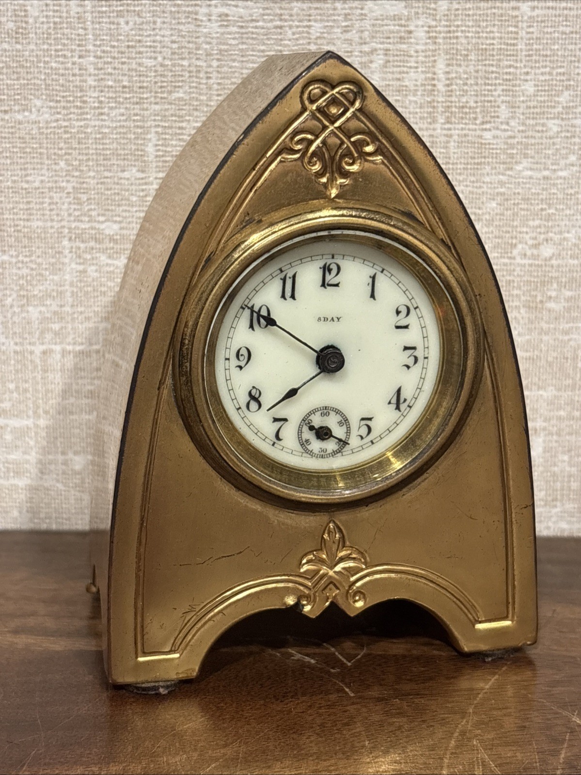 Unsigned Antique Miniature Brass 8 Day Shelf Clock - Runs See description. Unsigned Antique Miniature Brass 8 Day Shelf Clock - Runs See description.