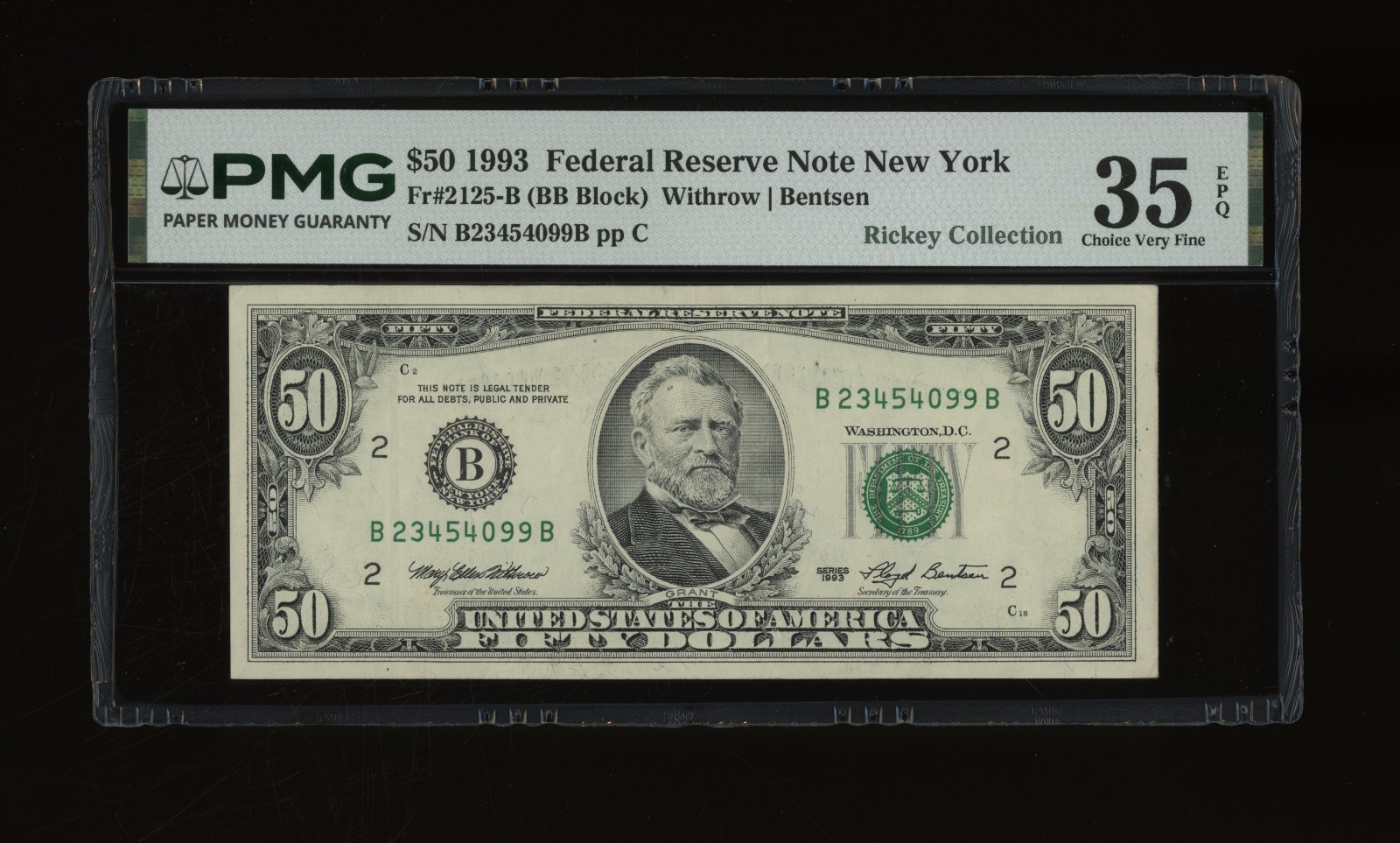 DBR 1993 $50 FRN New York Fr. 2125-B PMG 35 EPQ Serial B23454099B