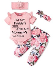 Pink Baby Girl Romper & Pant Set 0-3 Months – Short Sleeve Ruffle Floral Outfit picture