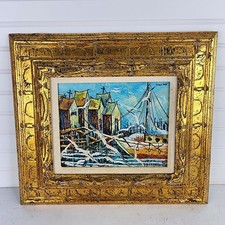 Nautical Boats Harbor Dock Scene Impressionist Oil Painting Art Signed 16