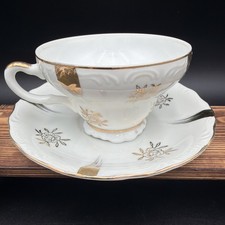 VTG Royal Crown Arnart Japan 44/340 Teacup Saucer Set White Brushed Gold Rose picture
