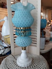 Vintage Fenton Blue Honeycomb Satin Hurricane Accent Lamp ABSOLUTELY STUNNING picture