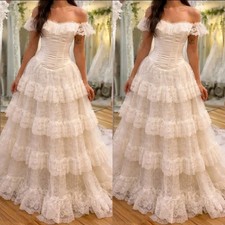 Lace Ivory Wedding Dress Off Shoulder Vintage Ruffles Tiered A Line Bridal Gowns picture