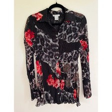 VTG Y2K Alberto Makali Crinkle Button Up Stretch Mixed Print Floral Blouse Sz L picture