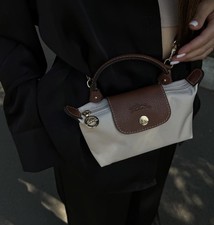 NWT Longchamp Le Pliage Pouch PAPER Ivory Nylon Leather Crossbody Bag with Strap picture