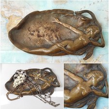 Antique Art Nouveau Bronze Brass Card Dish Nymph Nude Mermaid Woman Trinket Tray picture