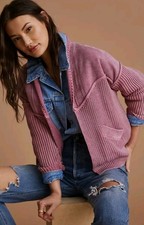 NWOT PILCRO ANTHROPOLOGIE SzL Acid Wash Mixed Knit Cardigan Sweater Dusty Rose picture