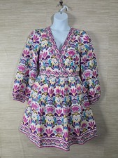 Boden Mya Cotton Short Dress Womens 8R Multi Floral Smocked Waist Balloon Sleeve picture