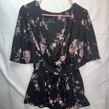 Torrid Women's Plus Size 0X Floral Black Peplum Blouse Faux Wrap Flutter Sleeves picture