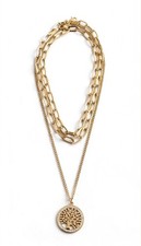 Gold Tone Layered Cable Chain Necklace Round Tree of Life Charm Pendant picture