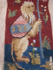 Antique French Wool Needlepoint Tapestry Mythical Lion Moody Floral picture