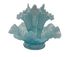 Vintage Fenton Blue Opalescent Hobnail 3 Horn Ruffled Epergne Centerpiece picture