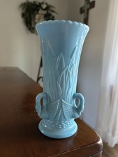 Vintage Westmoreland Swan Vase Blue Milk Glass 3 Handles, Grannycore Spring 6.5” picture