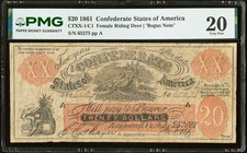 1861 CTXX-1/C1 $20 Confederate Female Riding Deer Bogus Note PMG Very Fine 20 picture