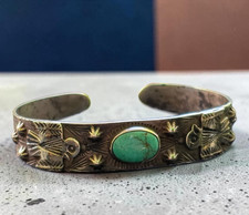 Fred Harvey Era Turquoise Thunderbird Stamped Concho Cuff Bracelet picture