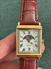Timex x Noah Moon Phase Rectangle Gold Tone Quartz Date Brown Leather Watch picture