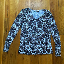LOFT White/Black Floral Knit Top Long Sleeve Women’s Regular Size S picture