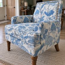French Country Floral Accent Chair Blue White Upholstered Armchair Nailhead Trim picture