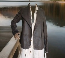 VINCE Brown Scuba Moto Asymmetrical Collar Goat Leather Jacket Merino Inset L  picture