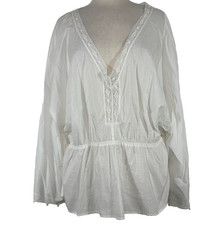 NWT Lane Bryant White Cotton V Neck Blouse Pom Pom Tunic Boho Women's Size 18/20 picture