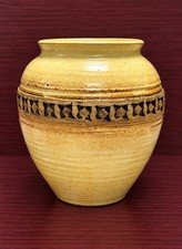 Vintage Signed Studio Art Pottery Vase Hand Thrown Carved Geometric Stoneware picture