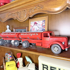 Rare Smith Miller Pressed Steel Wood Mobilgas Truck with Pup Trailer 36” picture