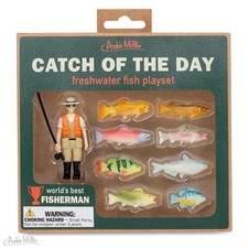Fishing Toy Figures Fisherman & 8 Fish Soft Vinyl Miniature Playset Novelty Gift picture