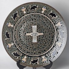 Signed Rebecca Livingston Studio Art Pottery Wax Resist Buffalo Platter 17