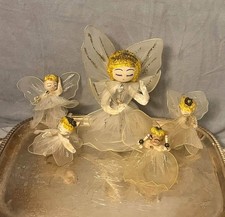 Vintage 1950s MCM Tulle Angel set of 5 Christmas Holiday Ornaments picture