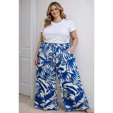 NWT INC International Concepts Wide Leg Pants Tropical Palm Leaf Print Blue XL picture