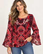 Chicos Red Paisley Boho Top Size 2/Large Bell Sleeves Velour Festival Holiday picture