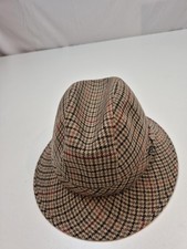 Scala Fedora Hat Trilby Fitted Mens XL Beige Check Tweed Lined Italy Handmade picture