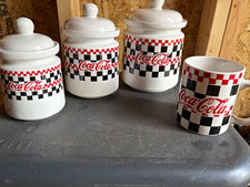 Vintage Coca-Cola Ceramic Cookie Jar/Canister Set w/ Lids & Matching Mug 1997 picture
