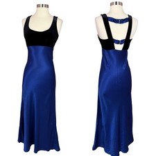 Vintage Steppin Out Blue Satin Black Velvet Bow Back Maxi Dress Size 3/4 2662/C picture