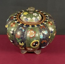 Antique Japanese Meiji Cloisonné Mini Ginger Jar Fine Wire Pumpkin Form 4” picture