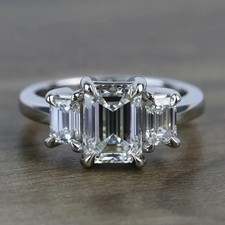 3Ct Emerald Cut Lab Created Diamond Three-Stone Wedding 14K White Gold FN Ring picture