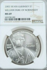 2002 GUERNSEY SILVER 1 POUND WILLIAN DUKE OF NORMANDY NGC MS 69 SCARCE BEAUTY picture