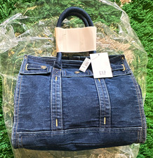 GAP Blue Denim Tote Bag Medium Top Handle Button Closure Inner Pockets Brand New picture