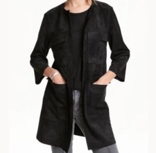 H&M Black Boho Faux Suede Open Duster Long Jacket Pockets 3/4 Sleeve Sz 2 picture