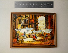 FAB EXOTIC OLD WORLD MARKET SCENE OIL PAINTING VTG ORIG. ART MID CENTURY BOHO picture
