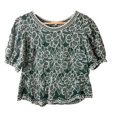 Solitaire Anthropology Peasant Blouse Womens Large Embroidered Floral Green Boho picture