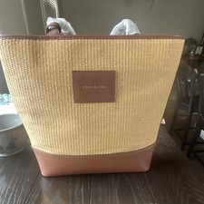 FYN & FIA Natural Straw Tote w/ Leather Trim, Zip, Blue Lined, Pockets picture