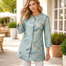 Chico’s NWT Blue Mosaic Jacquard Topper Jacket Snap Front Women’s Sz 6 picture