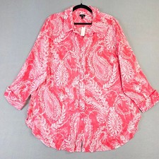 Talbots Plus 2X Salmon Pink Paisley 100% Linen Button Up Tunic Shirt NEW picture