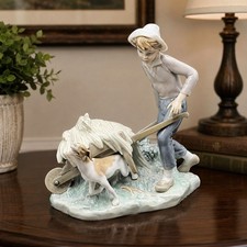 Vintage Lladro Spain Boy with Wheelbarrow Hay & Dog Porcelain Figurine 9