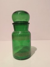 Apothecary Jar Green Glass Cap Ball Gold Decor Vintage Pharmacy picture