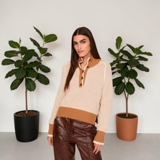 Veronica Beard Toraja Knit Sweater Brown Tan Mock Neck Button Detail Women's XS picture
