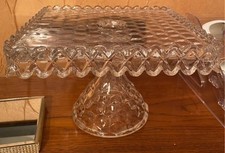 Vtg Fostoria American Glass Square Pedestal Cubist Cake Stand Plate w/Rum Well picture